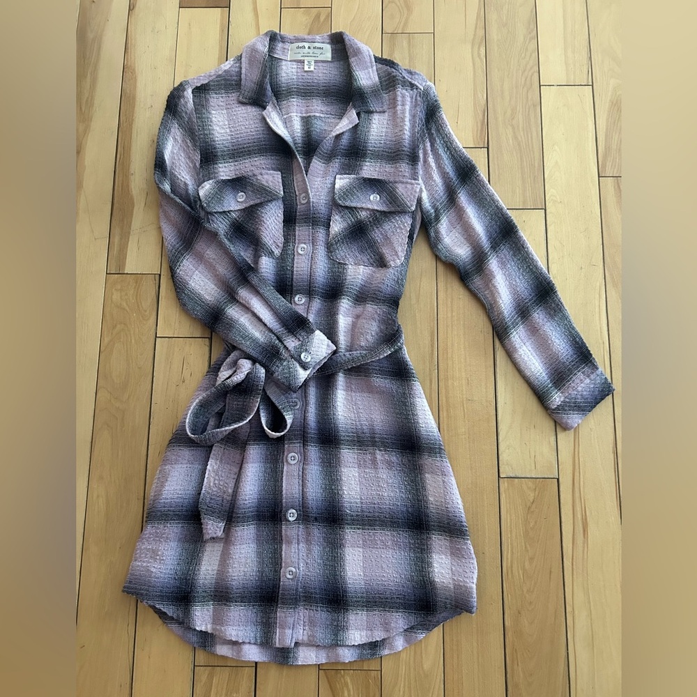 Cloth & Stone Plaid Button-Up Shirt Dress with Belt and POCKETS